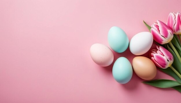 Foto uova colorate di pasqua e fiori buon giorno di pasqua sullo sfondo generato dall'ai