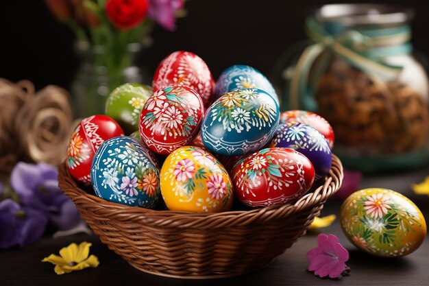 Фото Цветные пасхальные яйца в корзине