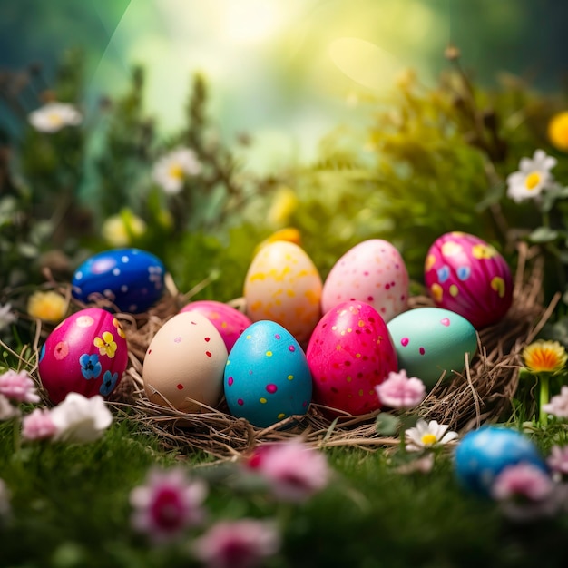 Easter colored eggs natural background Generate Ai