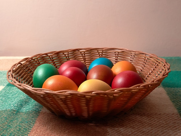 Photo easter colored eggs on the vintage surface.