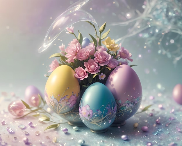 Easter colored eggs with designs and flowers on a blue background