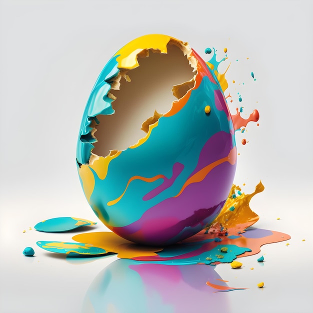 Easter colorful egg is spilled on the floor and the paint is dripping down