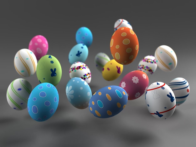 Easter colorful eggs on gray background 3D render Copy space