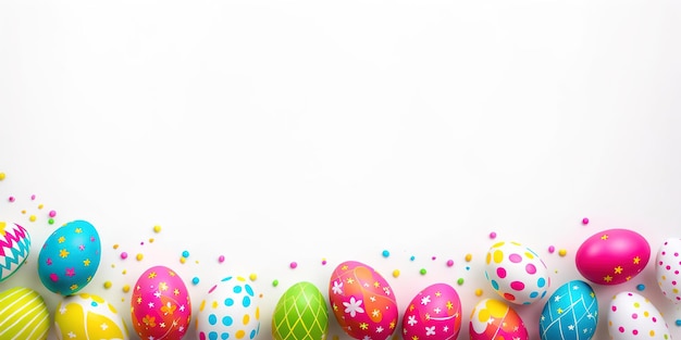 Easter colorful eggs on white background banner Generative AI