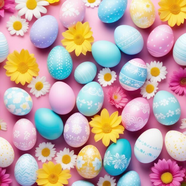 Easter colorful painted eggs delicate pastel shades patterns and ornaments spring flowers pink background top view