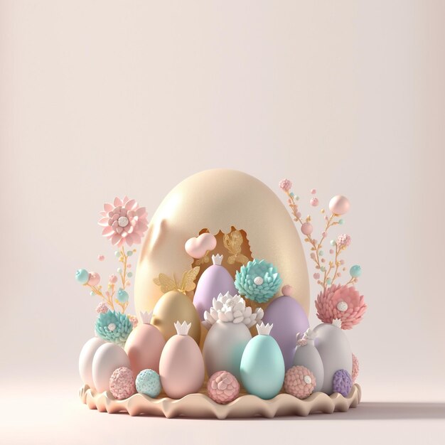 Easter Colourful Background with 3D Easter Eggs and Floral Decoration