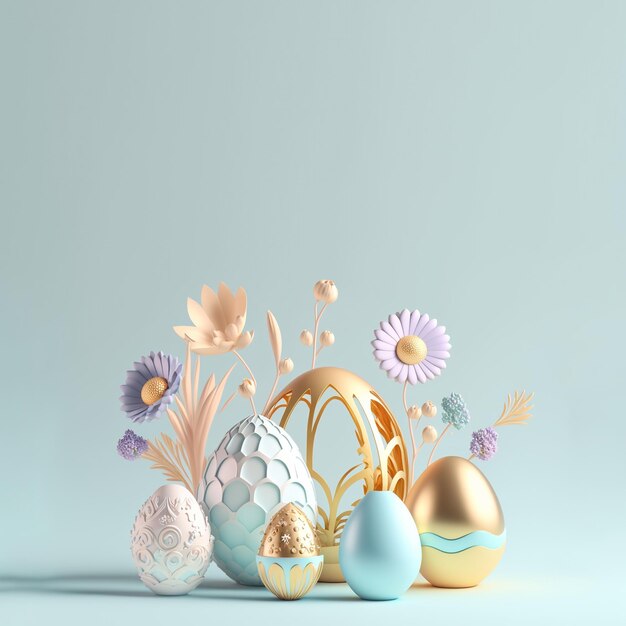 Easter Colourful Background with 3D Easter Eggs and Floral for Promotion