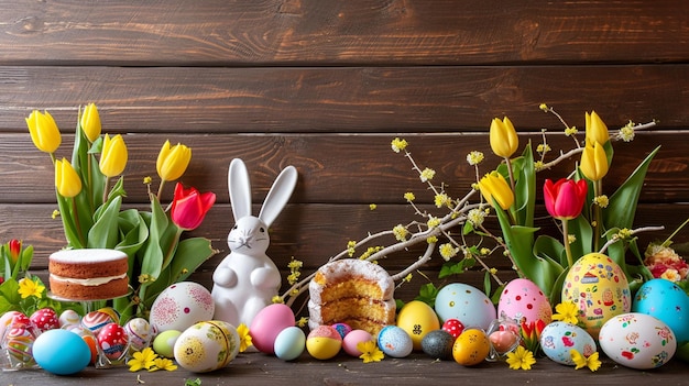 Easter composition of the branchesEaster bunny cakes tulips colored eggs cooked Generative Ai