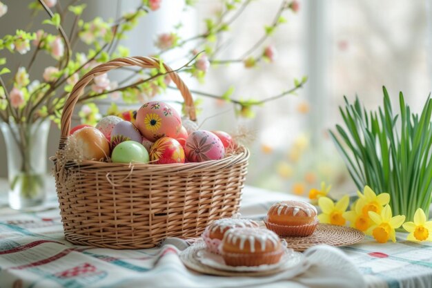 写真 イースターの作成 イースターエッグのケーキとテーブルの上の花