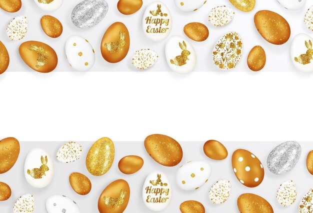 Easter composition of many shining silver, white, golden eggs on a white background. Eggs with flowers, bunnies, inscription Happy Easter. Easter mockup. Top view, close up, white line with copy space