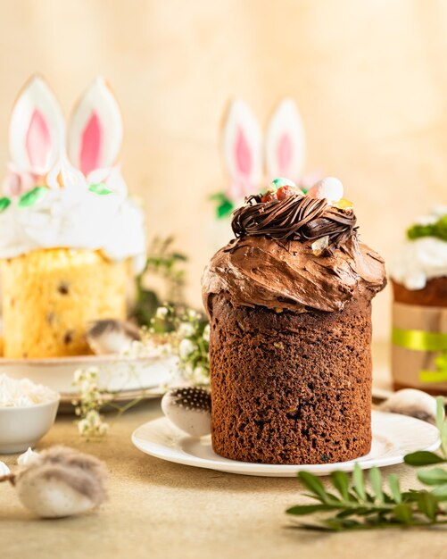 Easter composition with assortment of traditional Orthodox sweet bread Kulich