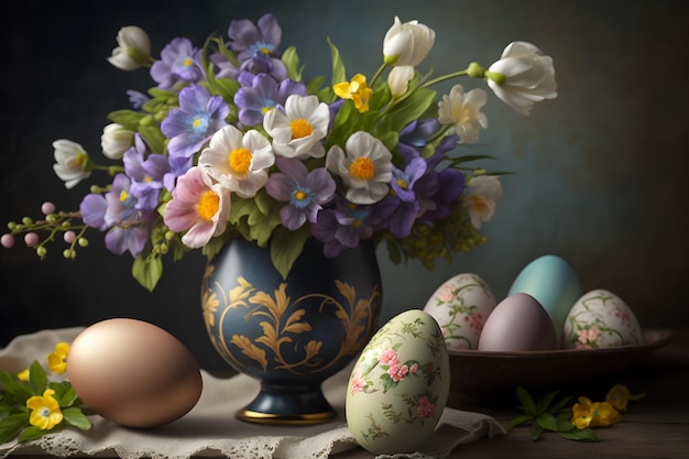 Easter composition with a bouquet of flowers and eggs on a blurred background