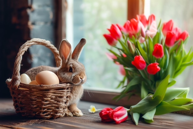 Easter composition with bunny and colorful eggs in basket bouquet tulip on kitchen wooden table Spring decor with space for text
