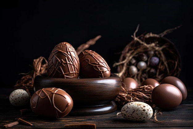 Easter composition with chocolate eggs and nest on dark wooden background AI generated