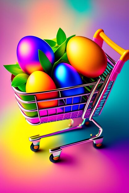 Easter composition with colorful eggs in shopping cart and spring flowers on pastel background