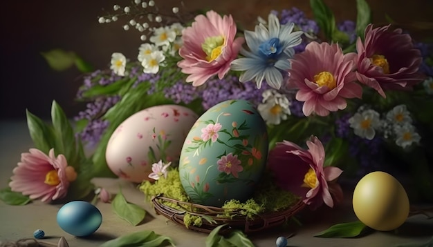 Easter composition with eggs and flowers on dark background Still life in old style Generative AI