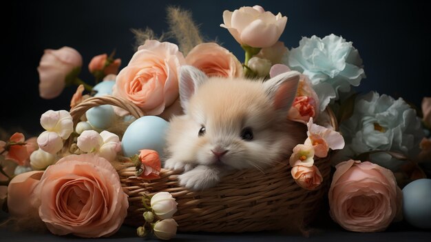 Easter composition with little cute baby bunny in basket spring flowers and colorful Easter eggs