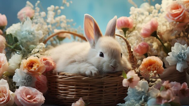 사진 바구니 에 작은 귀여운 아기 토끼 와 다채로운 봄 꽃 을 가진 부활절 작곡