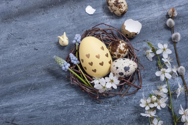 Easter composition with nest flowers and eggs on dark textured background