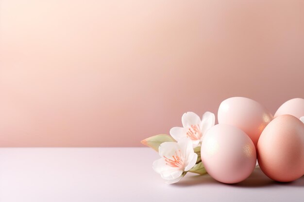 Easter composition with painted eggs and a little white flowers copy space pastel pink background
