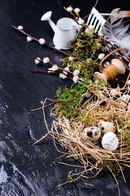 Easter composition with quail eggs