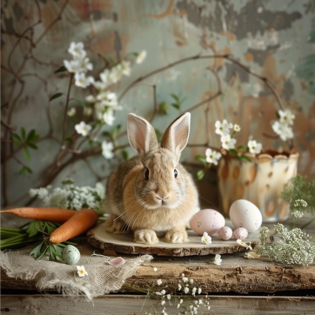 Easter composition with rabbit and eggs