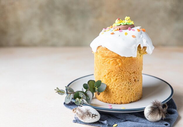 Easter composition with traditional Orthodox sweet bread Kulich Holiday concept