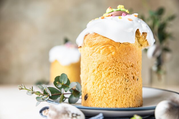 Easter composition with traditional Orthodox sweet bread Kulich Holiday concept