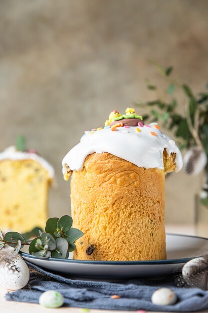 Easter composition with traditional Orthodox sweet bread Kulich Holiday concept