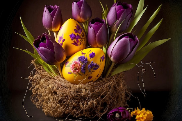 Пасхальная композиция из желтых и фиолетовых тюльпанов и пасхального яйца
