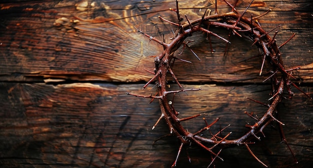 Easter concept Crown of thorns on wooden table space for text Generative AI