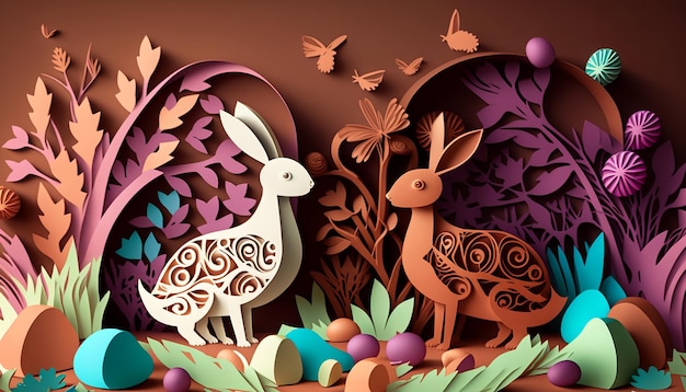 Easter Concept. Cute Paper Cut Art. AI generative.