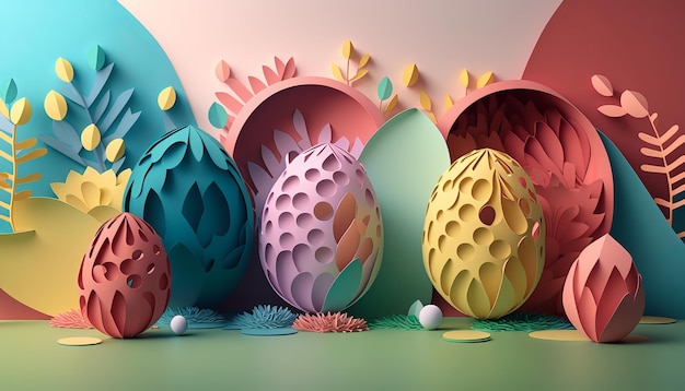 Easter Concept. Cute Paper Cut Art. AI generative.