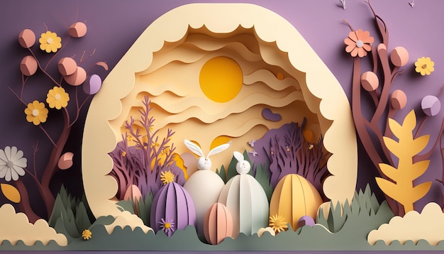 Easter Concept. Cute Paper Cut Art. AI generative.