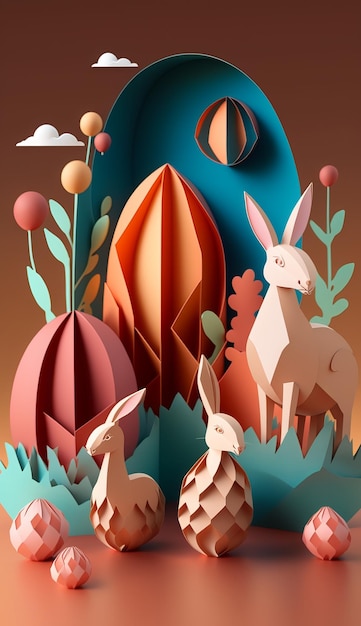 Easter Concept. Cute Paper Cut Art. AI generative.