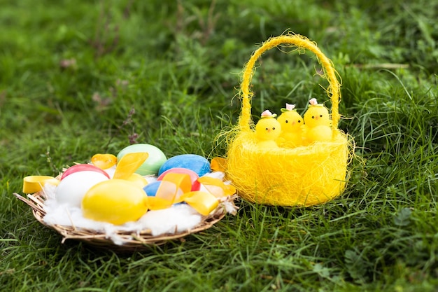 Easter concept Easter eggs in a coiled nest and basket with Easter eggs in a grass