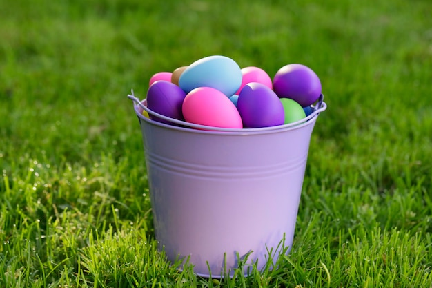 Easter concept. easter eggs in a lilac decorative bucket on a green lawn