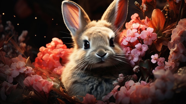 カラフルなイースターエッグと春の休暇を祝う幸せなウサギのイースターコンセプト