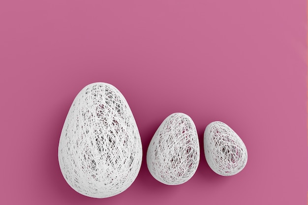 Easter concert. Three eggs woven from many thin threads lying on a uniform background. 3D illustration.