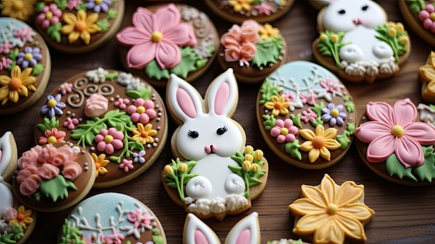 Easter cookies decorated with white pink purple and yellow icing The cookies are in the shape of bunnies eggs and flowers