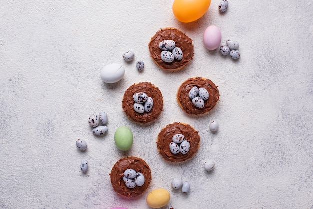 Easter cookies in shape of nest with eggs