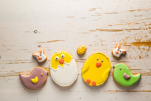 Easter cookies on white wood 