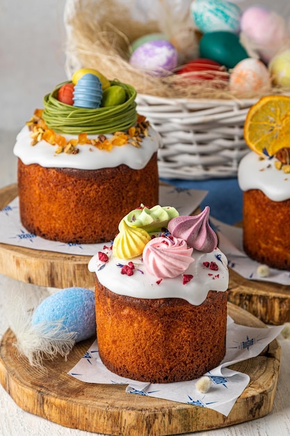 Easter cooking baking background traditional ukrainian easter cake with white swiss meringue