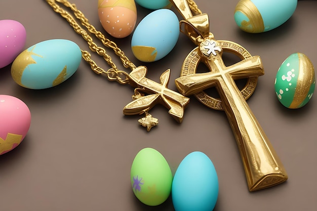 Photo easter cross with easter egg with message he is risen