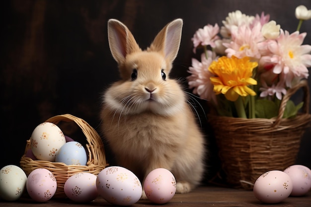 Easter cute bunny in garden with decorated eggs