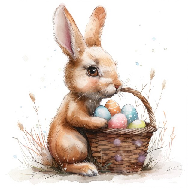 Easter cute bunny met eieren geïsoleerd op witte achtergrond Waterverf illustratie