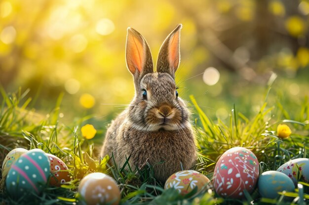 Easter Cute Bunny In Sunny Garden With Decorated Colorful Eggs