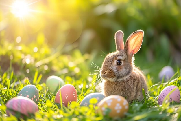 Easter Cute Bunny In Sunny Garden With Decorated Colorful Eggs