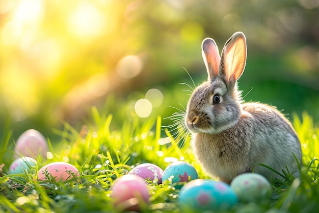 Easter cute bunny in sunny garden with decorated colorful eggs