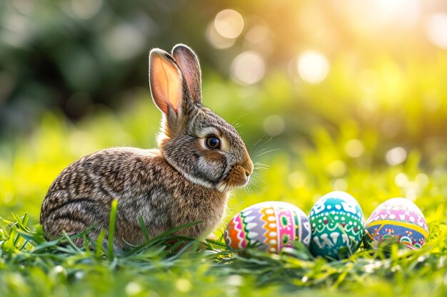 Easter Cute Bunny In Sunny Garden With Decorated Colorful Eggs